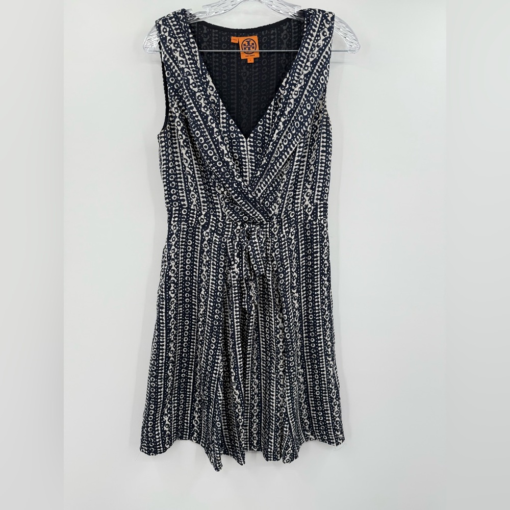 Tory Burch Women's 100% Silk Faux Wrap V-Neck Dress Navy/Cream Size 4
